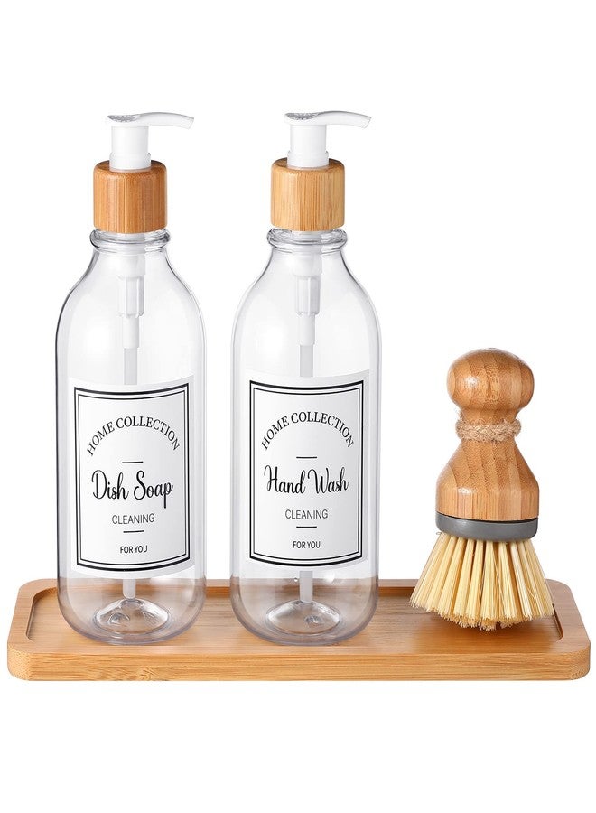 زوبيل مجموعة موزع صابون المطبخ من زوبيل، 4 قطع، سعة 16 أونصة، مع صينية من الخيزران وفرشاة غسيل الأطباق. مجموعة موزع صابون بلاستيكي مع ملصقات مقاومة للماء لليدين والأطباق وغسول الجسم (شفاف). - Image 1