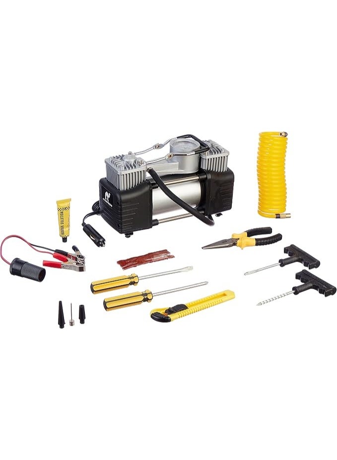 Heavy Duty 2-Cylinder Air Compressor – 12V High-Performance Tire Inflator – Fast Inflation Car Pump with Battery Clips & Portable Carrying Bag - Image 1