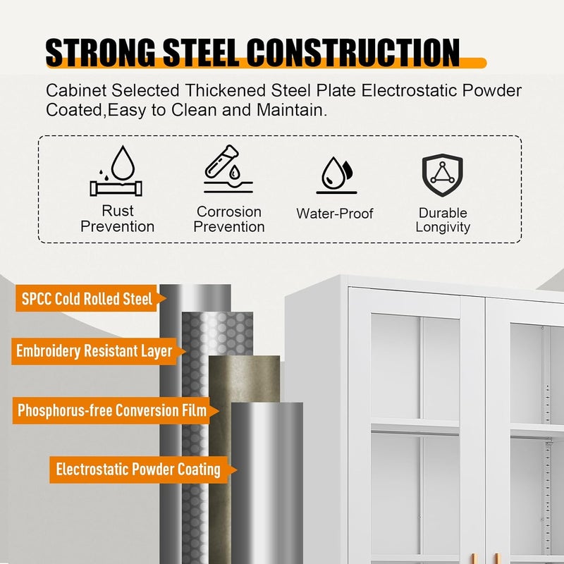 Harmony Home Lockable Glass Display Cabinet | White Metal Storage Cupboard with 4 Shelves & Doors | Showcase for Living Room, Office, Kitchen, Hallway, School, Clinic & Salon - Image 3
