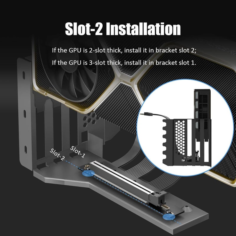 قوس دعم بطاقة الرسوميات ثنائي الفتحات من GLOTRENDS مع كابل رافع PCIe 5.0 بطول 180 مم للتركيب العمودي، متوافق مع RTX5090 وRTX4090 وRX9070 وRX7900، وحالات الكمبيوتر ذات تصميم فتحات PCI المفتوحة 7/8. - Image 5