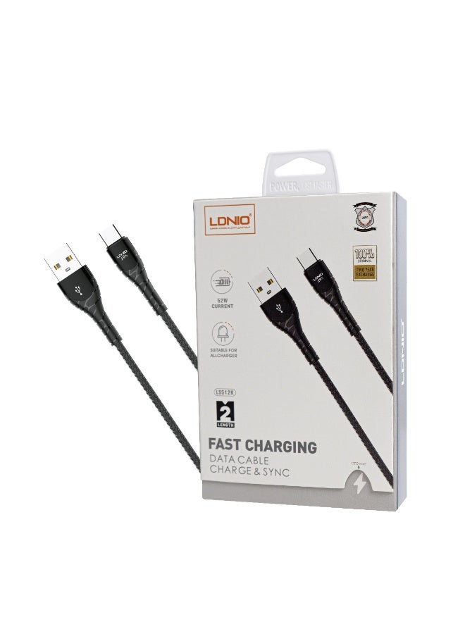 لدنيو كابل شحن سريع ونقل بيانات LDNIO LS512K بقدرة 52 واط من USB إلى Type-C بطول 2 متر - أسود - Image 2