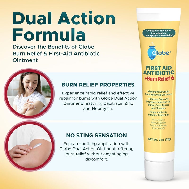 Globe مرهم Globe للإسعافات الأولية المضاد الحيوي لتخفيف الحروق - أقصى قوة - مرهم ثلاثي المضادات الحيوية لحماية من العدوى لمدة 24 ساعة - 2 أونصة - Image 5