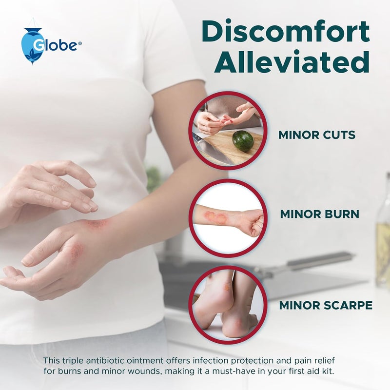 Globe مرهم Globe للإسعافات الأولية المضاد الحيوي لتخفيف الحروق - أقصى قوة - مرهم ثلاثي المضادات الحيوية لحماية من العدوى لمدة 24 ساعة - 2 أونصة - Image 3