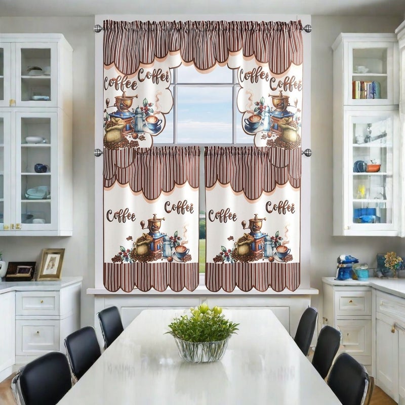 Coffee Themed Curtain Set 3 Piece Rod Pocket Design For Living Room Kitchen Decor - Image 4