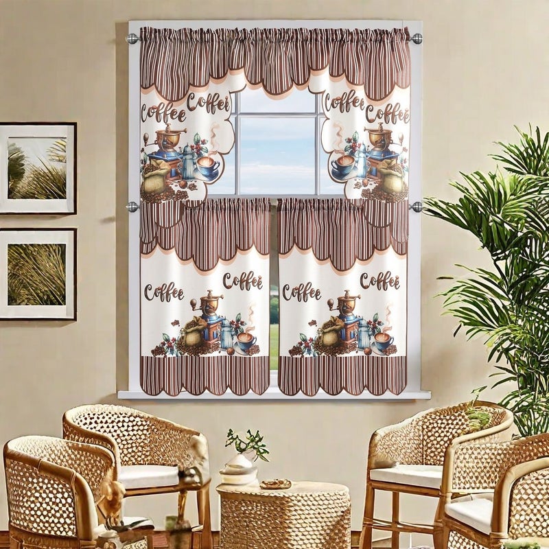 Coffee Themed Curtain Set 3 Piece Rod Pocket Design For Living Room Kitchen Decor - Image 1