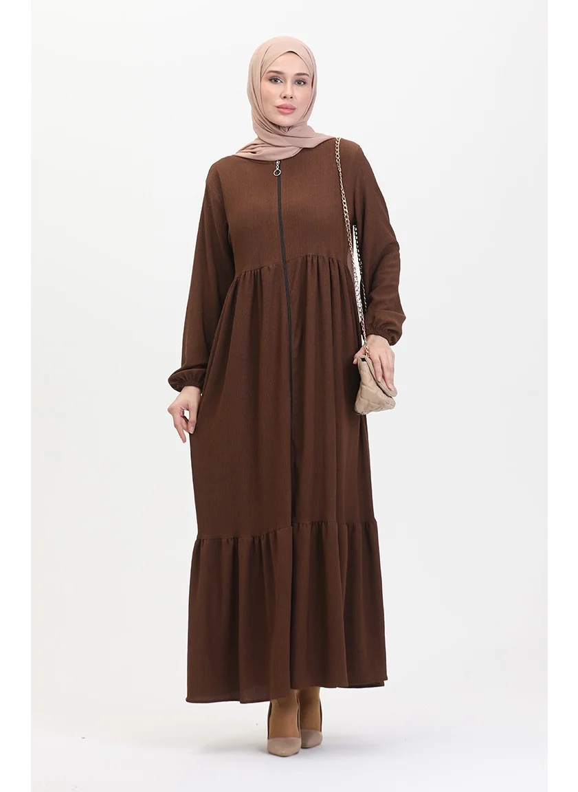 Sefa Merve Bürümcük Fabric Shirred Zippered Abaya 1018-08 Brown