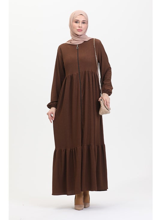 Bürümcük Fabric Shirred Zippered Abaya 1018-08 Brown