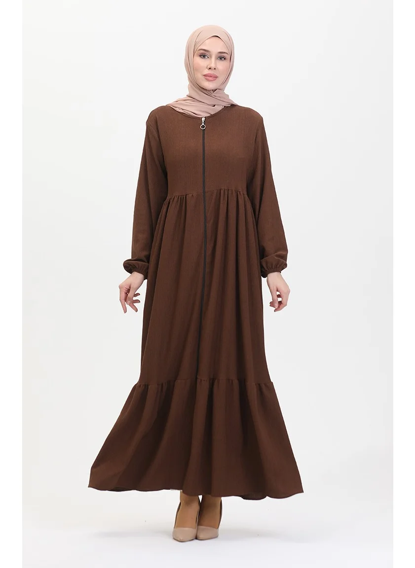 Sefa Merve Bürümcük Fabric Shirred Zippered Abaya 1018-08 Brown