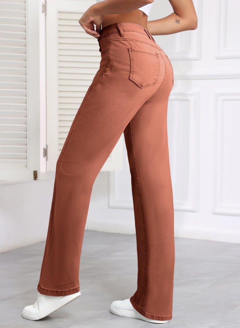 Sidefeel Women's Jeans Wide Leg High Waisted Stretchy Casual Ankle Straight Leg Denim Pants Mineral Red Size 8 - Image 3