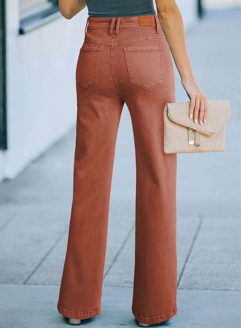 Sidefeel Women's Jeans Wide Leg High Waisted Stretchy Casual Ankle Straight Leg Denim Pants Mineral Red Size 8 - Image 2
