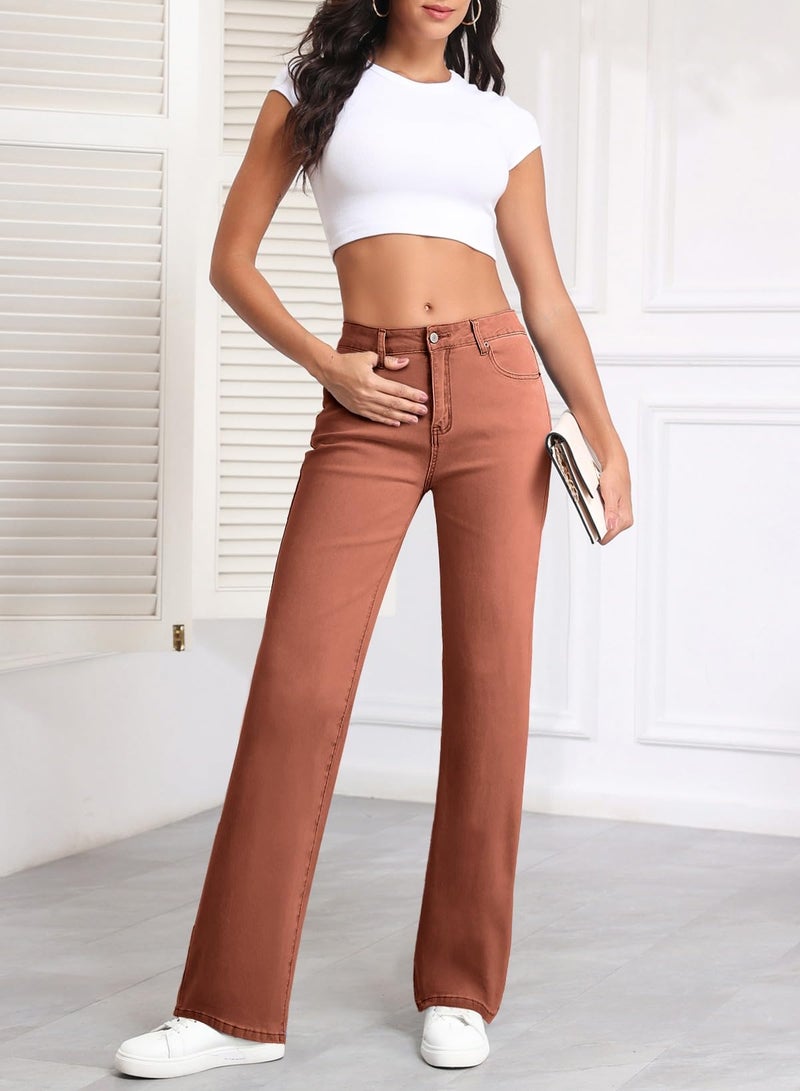 Sidefeel Women's Jeans Wide Leg High Waisted Stretchy Casual Ankle Straight Leg Denim Pants Mineral Red Size 8 - Image 5