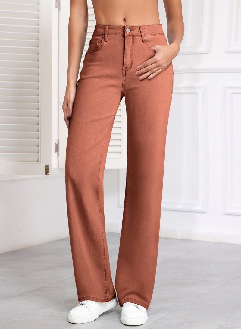 Sidefeel Women's Jeans Wide Leg High Waisted Stretchy Casual Ankle Straight Leg Denim Pants Mineral Red Size 8 - Image 4