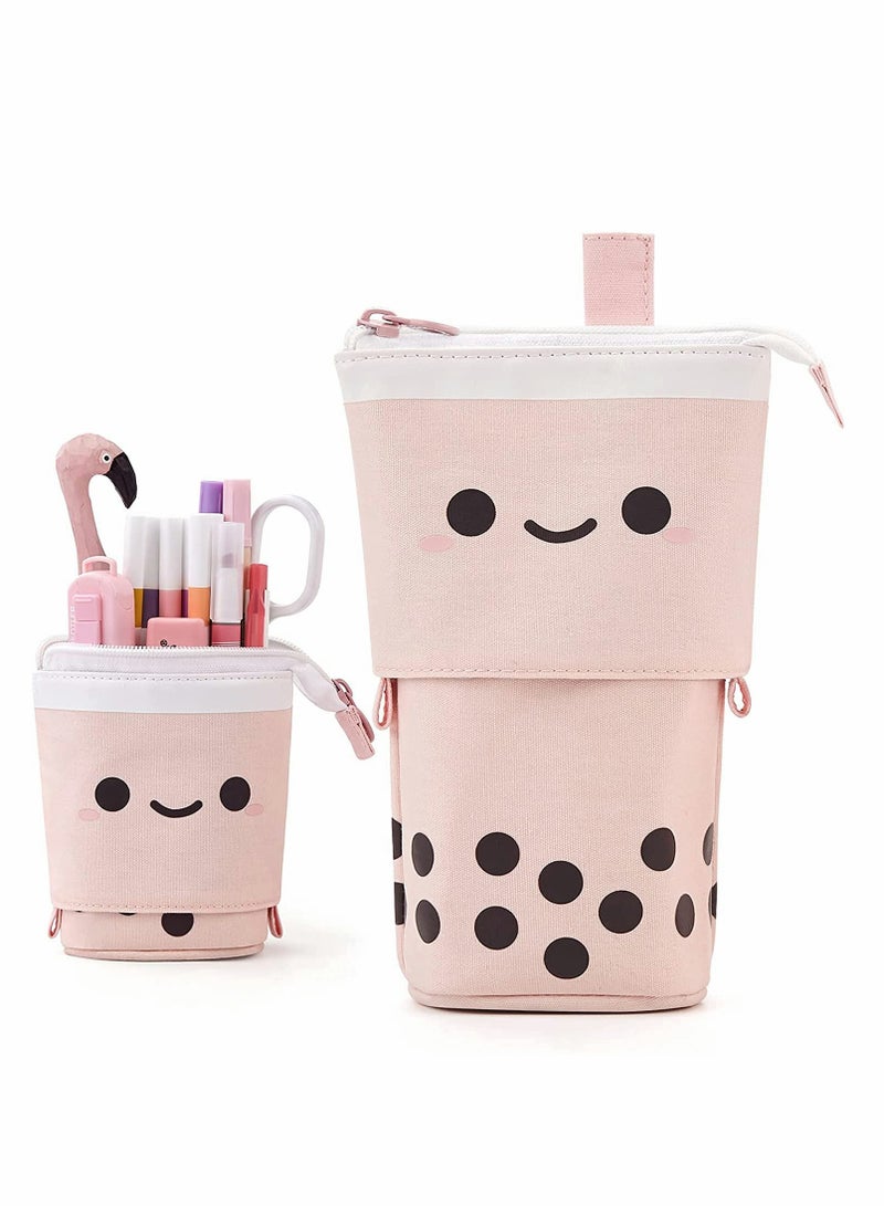 Loquat Cute Boba Milk Tea Pen Pencil Telescopic Holder Stationery Case with Kawaii Smile Face, Standing Pencil Case, Cute Stationery: Pencil Pouch, Pen Pouch, Pencil Bag, Pen Case for Kids - Image 1