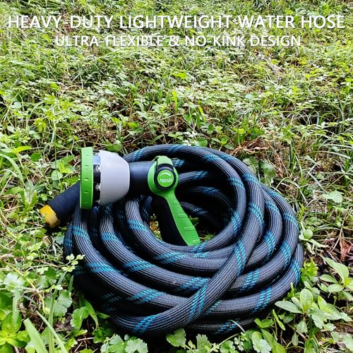 Junredy Garden Hose 50 FT, NON-EXPANDABLE Heavy-Duty Flexible & Lightweight Water Hose with 10-Function Nozzle, No-Kink, Leak-Proof Super Fabric, Solid Fittings for Lawn, Car, Outdoor (Black Blue) - Image 4