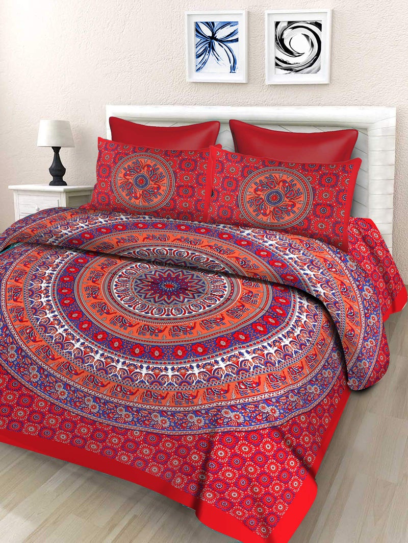 SheetKart Elephant Mandala 144 TC 100% Cotton Double King Size Bedsheet with 2 Pillow Covers (Double, Superior Red) - Image 1