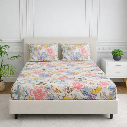 Nivasam Cotton Feel Glace Cotton Elastic Fitted Printed King Size Double Bed Bedsheet with 2 Pillow Cover(72"x78") 300-350 threadcount (Design7) - Image 1
