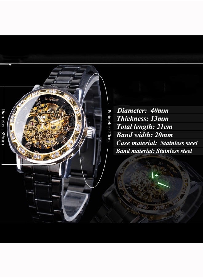 Hihonor Retro Manual Mechanical Skeleton Watch with Diamond and Carving Flower Craft, Men's Mechanical Wristwatch,Men Skeleton Wrist Watch Mechanical Classic Roman Number(Black)  - Image 4