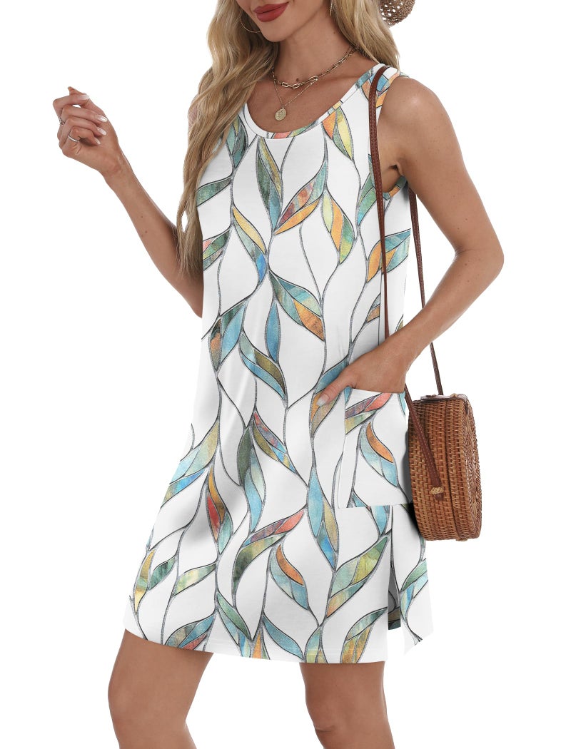 BKRIVE Summer Dresses for Women 2026 Trendy Tank Sleeveless Dress Sundresses Tropical Vacation Dress with Pockets Floral Leaf M - Image 3