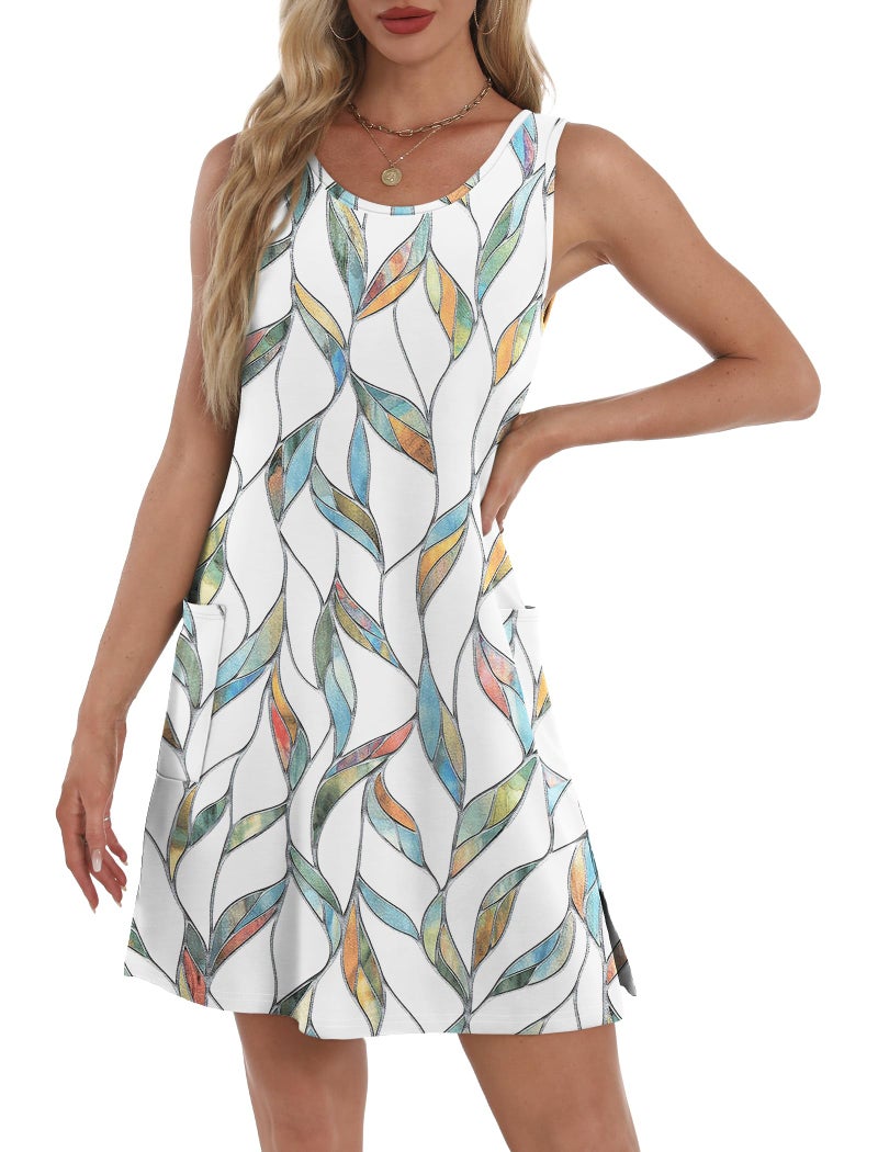 BKRIVE Summer Dresses for Women 2026 Trendy Tank Sleeveless Dress Sundresses Tropical Vacation Dress with Pockets Floral Leaf M - Image 4