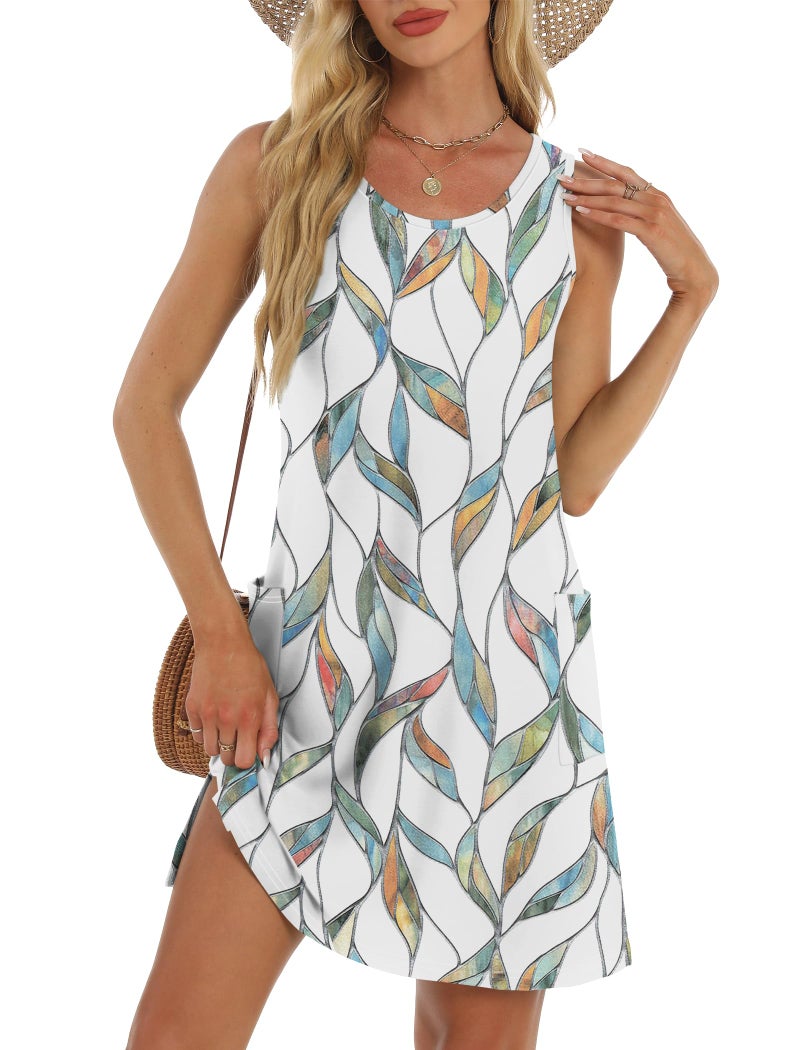 BKRIVE Summer Dresses for Women 2026 Trendy Tank Sleeveless Dress Sundresses Tropical Vacation Dress with Pockets Floral Leaf M - Image 2