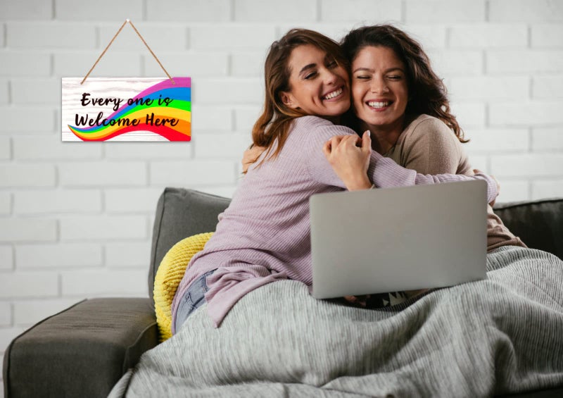PETCEE Everyone Is Welcome Here Door Sign  6""x12"" Rainbow Gay Lesbian Pride Welcome Sign Door Decorations LGBTQ Door Hanging Sign for Home School Office Party Wall Front Door Decor - Image 1