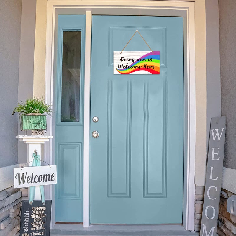 PETCEE Everyone Is Welcome Here Door Sign  6""x12"" Rainbow Gay Lesbian Pride Welcome Sign Door Decorations LGBTQ Door Hanging Sign for Home School Office Party Wall Front Door Decor - Image 3