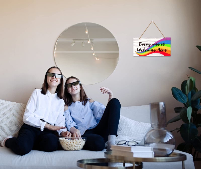 PETCEE Everyone Is Welcome Here Door Sign  6""x12"" Rainbow Gay Lesbian Pride Welcome Sign Door Decorations LGBTQ Door Hanging Sign for Home School Office Party Wall Front Door Decor - Image 4