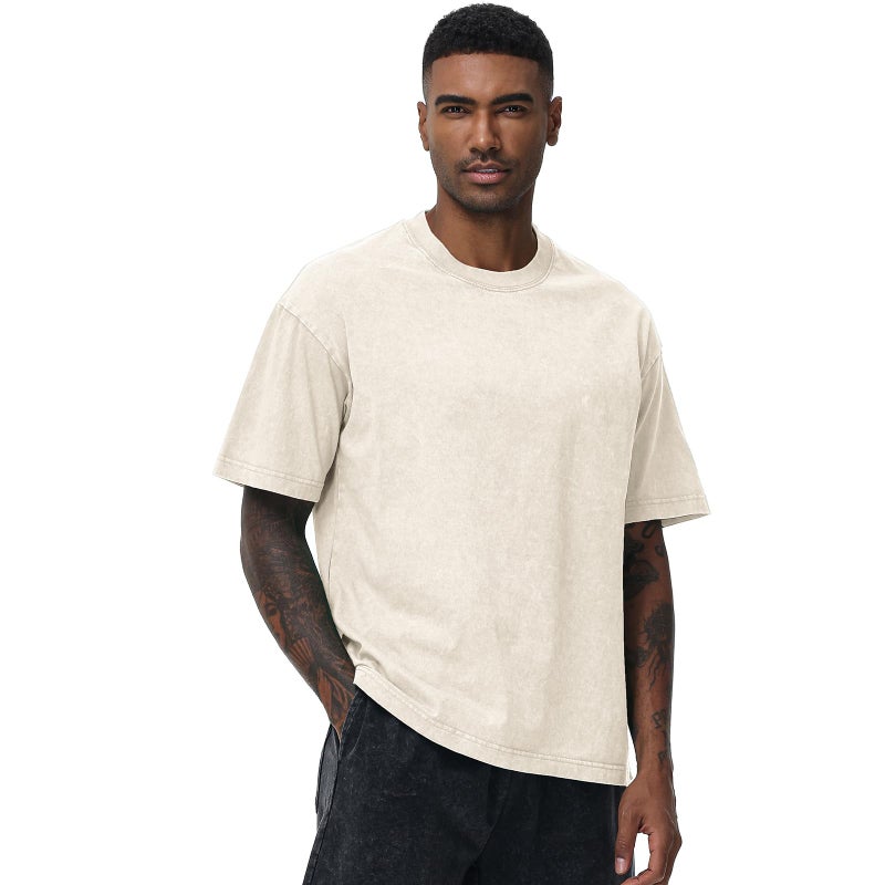 SnowElve 2 Pack Men's Oversized Cotton T-Shirts Loose Fit Vintage Tee Short Sleeve Casual Tshirts Solid Tops(BGPK,S) - Image 4