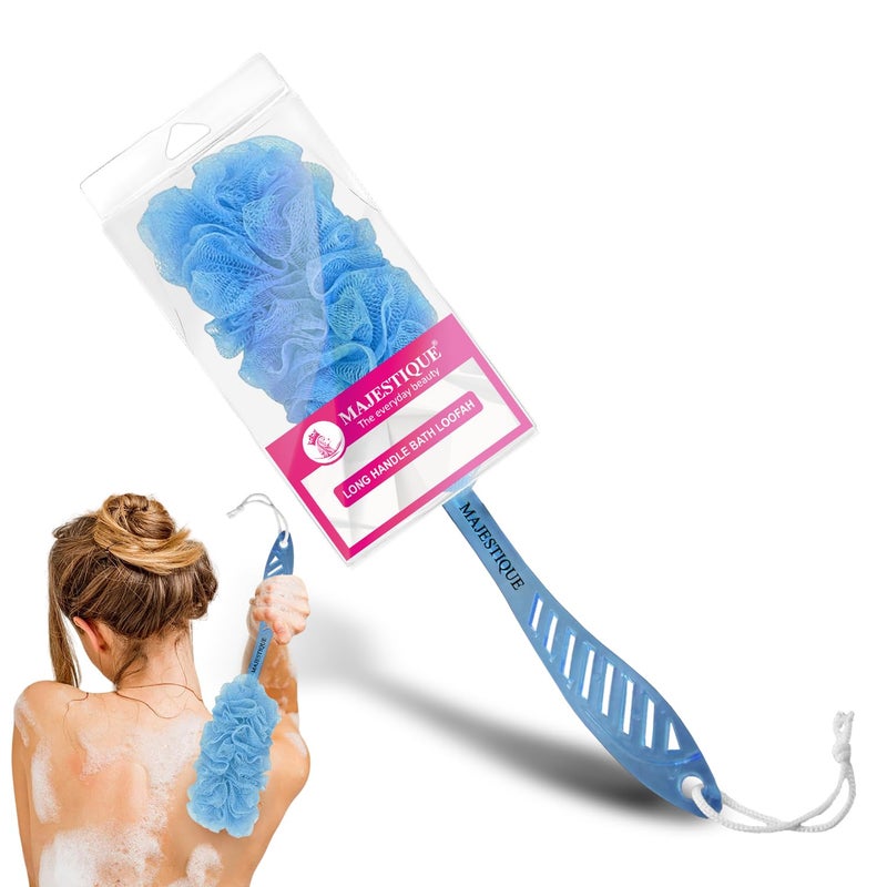 Majestique Back Scrubber for Shower - Long Handle Loofah Body Brush with Soft Nylon Mesh Sponge | Loofah on a Stick for Men & Women | Body Wash & Cleaning Luffa (Blue) - Image 1