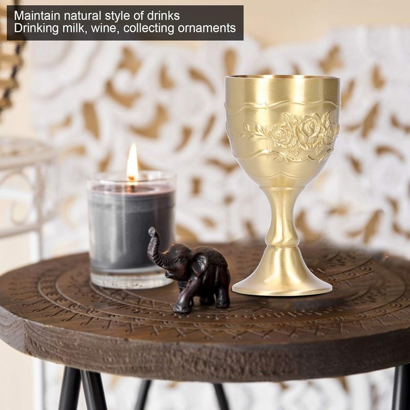 comfrt Brass Goblet Chalice, Vintage Embossed Engraving Flower Pattern Wine Glasses Cup Communion Chalice for Home Party Bar (L) - Image 2