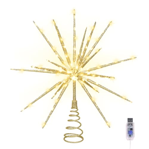 HMASYO 15 Inch Twinkling Starburst Christmas Tree Star Topper 19Point Gold Star Tree Topper with 150 LED Remote Control Timer USB Power for Indoor Home Holiday Party Xmas Tree Decoration - Image 3