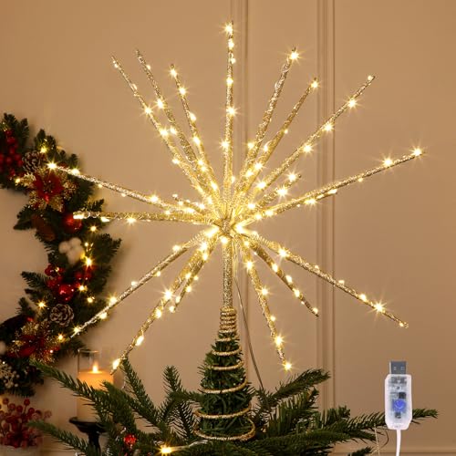 HMASYO 15 Inch Twinkling Starburst Christmas Tree Star Topper 19Point Gold Star Tree Topper with 150 LED Remote Control Timer USB Power for Indoor Home Holiday Party Xmas Tree Decoration - Image 1
