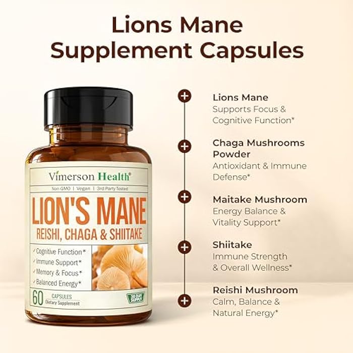 Vimerson Health Lions Mane Supplement Capsules – Mushroom Powder Blend with Lions Mane Powder, Turkey Tail, Shiitake Mushrooms & More – Focus & Energy Supplements for Mood & Immune Support. Non-GMO. 60 Vegan Capsules - Image 5