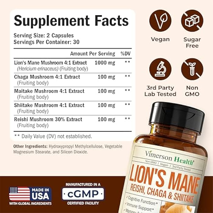 Vimerson Health Lions Mane Supplement Capsules – Mushroom Powder Blend with Lions Mane Powder, Turkey Tail, Shiitake Mushrooms & More – Focus & Energy Supplements for Mood & Immune Support. Non-GMO. 60 Vegan Capsules - Image 3