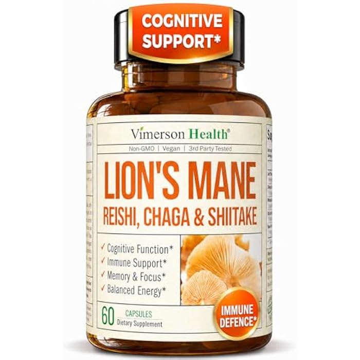 Vimerson Health Lions Mane Supplement Capsules – Mushroom Powder Blend with Lions Mane Powder, Turkey Tail, Shiitake Mushrooms & More – Focus & Energy Supplements for Mood & Immune Support. Non-GMO. 60 Vegan Capsules - Image 1