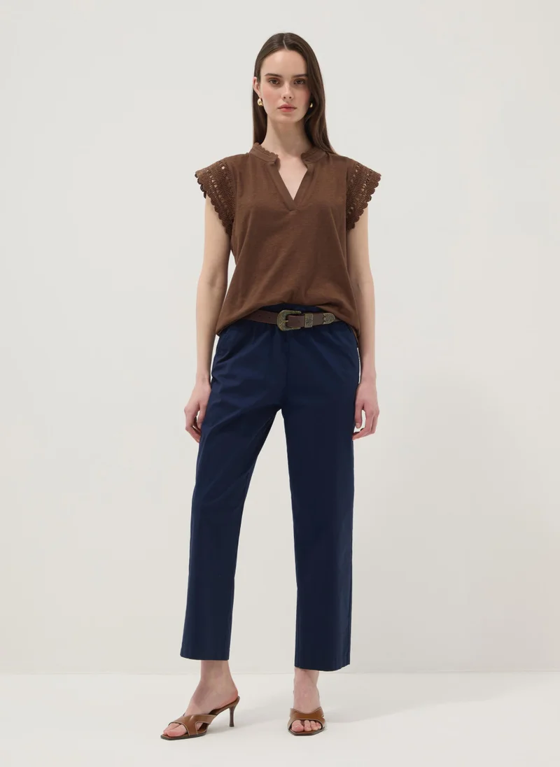 Ovs OVS Brown Pure Cotton T-Shirt With Crochet Details, Regular Fit