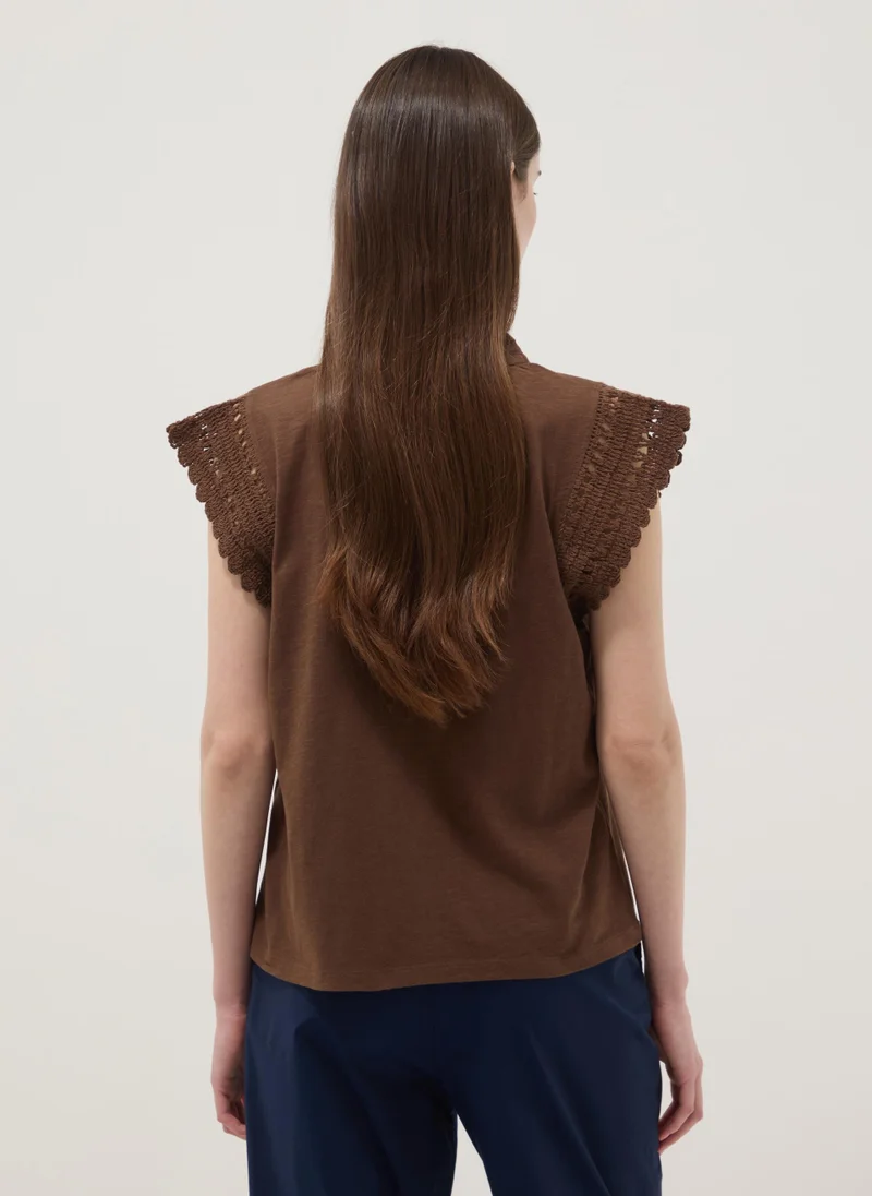 Ovs  OVS Brown Pure Cotton T-Shirt With Crochet Details, Regular Fit for Women | Best Price UAE