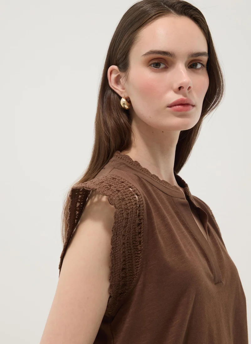 Ovs OVS Brown Pure Cotton T-Shirt With Crochet Details, Regular Fit