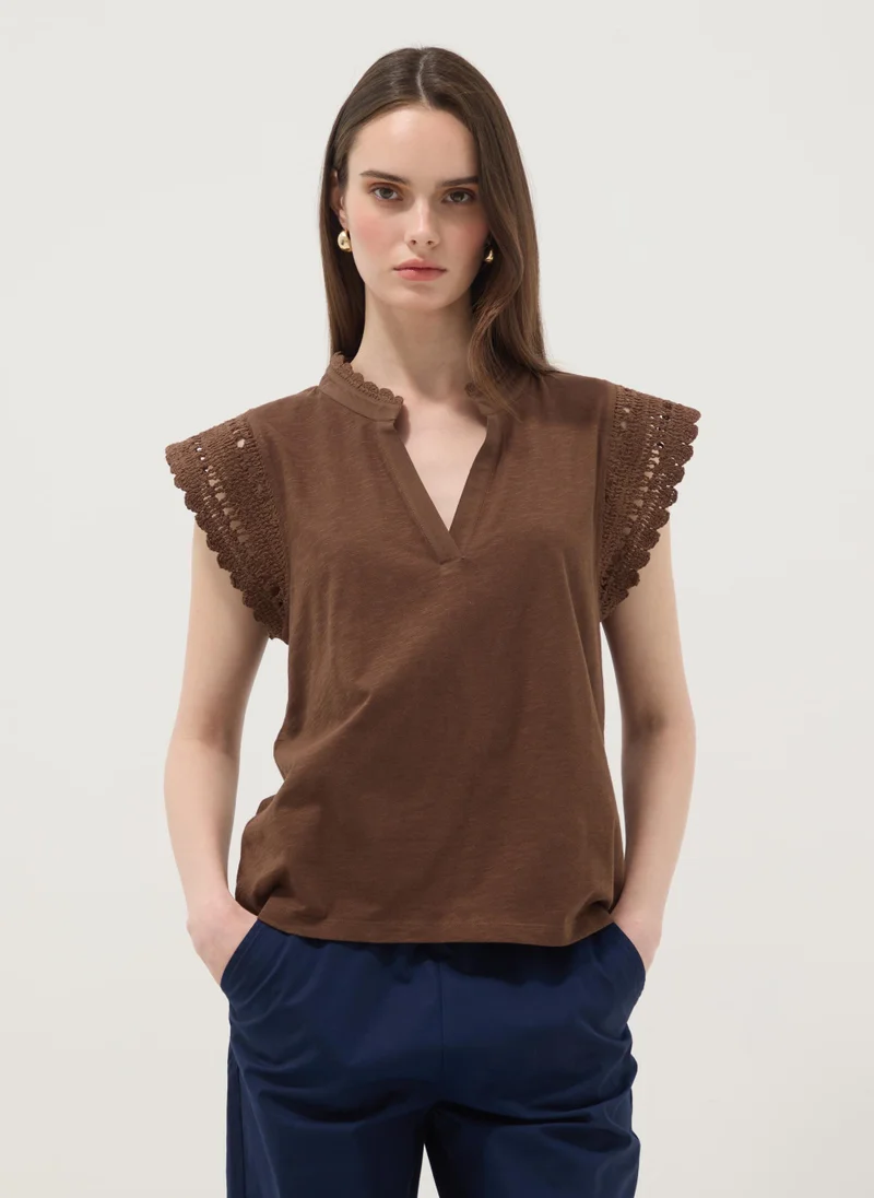 Ovs  OVS Brown Pure Cotton T-Shirt With Crochet Details, Regular Fit for Women | Best Price UAE