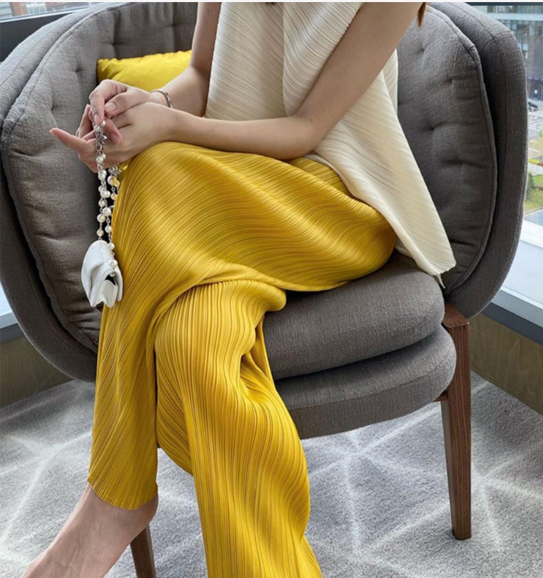 Miyake Pleated Top Irregular Short-sleeved Summer Pleated Loose Vest Cyber Popular Niche Crewneck Slim T-shirt Women Bright Yellow Pants