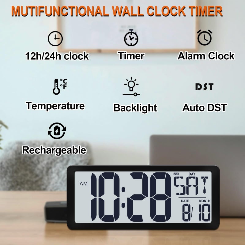 QINYUNE 15 Inch Large Rechargeable Digital LCD Wall Clock with Backlight Glow in the Dark,Night Light Wall Clock with Week,Date & Temperature,DST,Alarm Display for Living Room, Bedroom, Gift for Elderly - Image 3