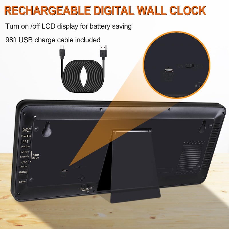 QINYUNE 15 Inch Large Rechargeable Digital LCD Wall Clock with Backlight Glow in the Dark,Night Light Wall Clock with Week,Date & Temperature,DST,Alarm Display for Living Room, Bedroom, Gift for Elderly - Image 2