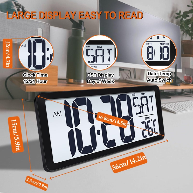 QINYUNE 15 Inch Large Rechargeable Digital LCD Wall Clock with Backlight Glow in the Dark,Night Light Wall Clock with Week,Date & Temperature,DST,Alarm Display for Living Room, Bedroom, Gift for Elderly - Image 4