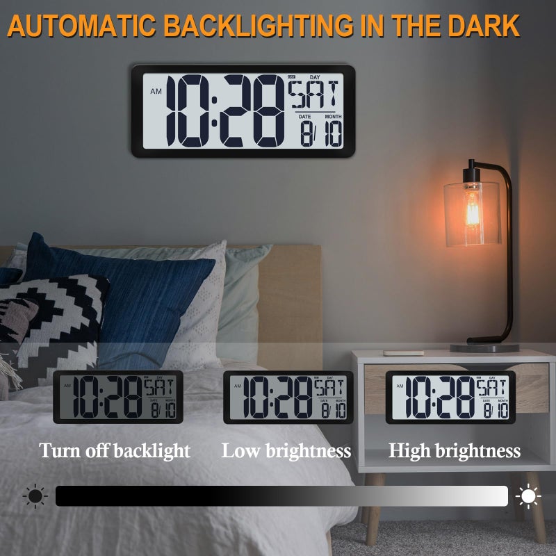 QINYUNE 15 Inch Large Rechargeable Digital LCD Wall Clock with Backlight Glow in the Dark,Night Light Wall Clock with Week,Date & Temperature,DST,Alarm Display for Living Room, Bedroom, Gift for Elderly - Image 5