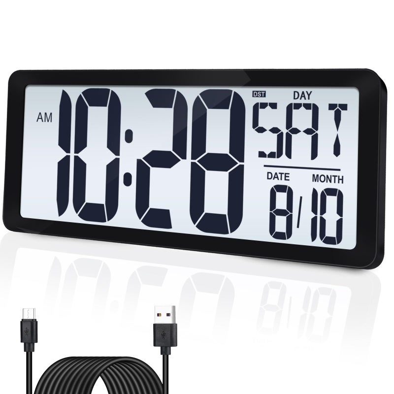 QINYUNE 15 Inch Large Rechargeable Digital LCD Wall Clock with Backlight Glow in the Dark,Night Light Wall Clock with Week,Date & Temperature,DST,Alarm Display for Living Room, Bedroom, Gift for Elderly - Image 1