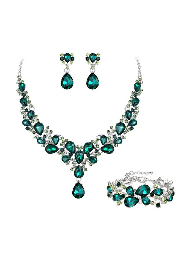 EVER FAITH Austrian Crystal Bridal Bridesmaid Jewelry Sets, Water Drop Flower Cluster Statement Chunky Necklace Earrings Bracelet Set Green Silver-Tone  - Image 1