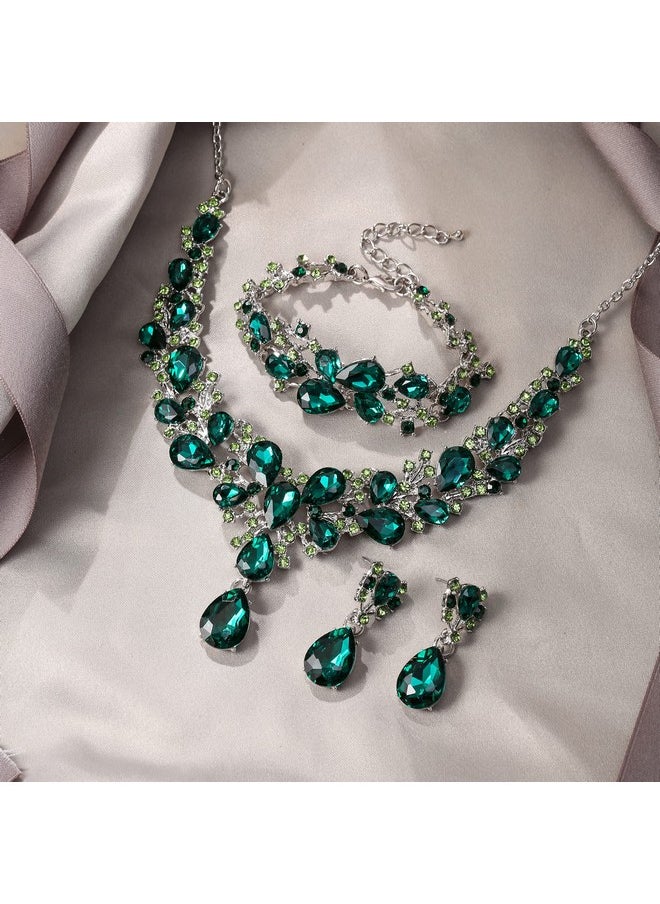 EVER FAITH Austrian Crystal Bridal Bridesmaid Jewelry Sets, Water Drop Flower Cluster Statement Chunky Necklace Earrings Bracelet Set Green Silver-Tone  - Image 3