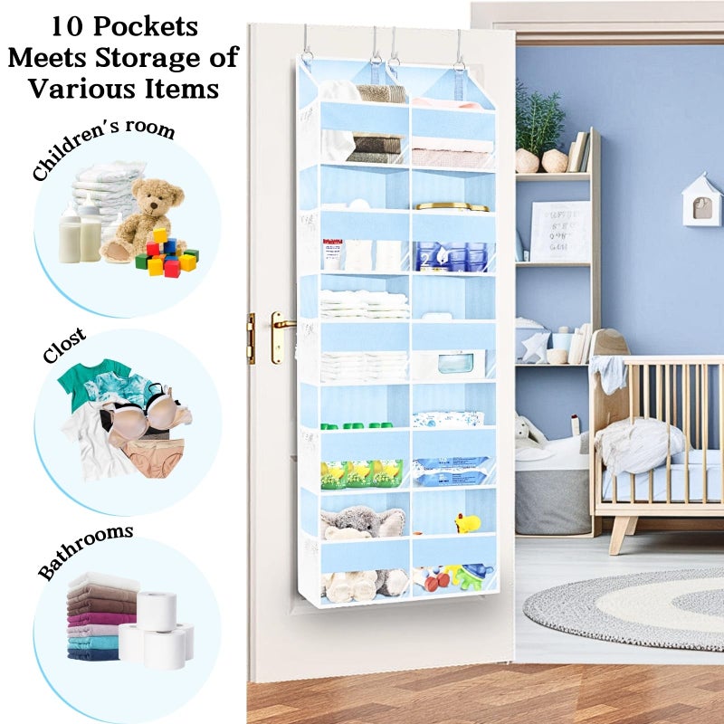 Ofiray-home Blue Over the Door Organizer 5 Tiers, Extra Large Behind Door Storage of 10 Compartments, 80 lbs Weight Capacity Hanging Storage Organizer with Clear Window Kids Toys, Shoes, Diapers, Room storage - Image 5