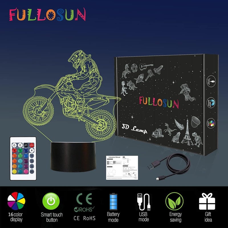 FULLOSUN Dirt Bike Gifts, Motocross 3D Night Light for Kids for Xmas Holiday Birthday Gifts for Kids Motorcycle Fan with Remote Control 16 Colors Changing + 4 Changing Mode + Dim Function - Image 5