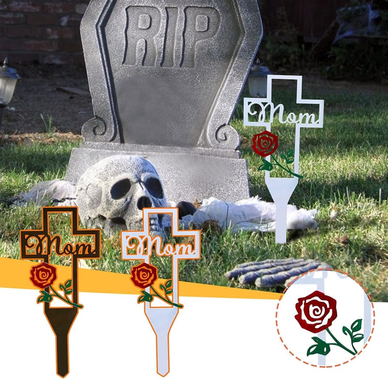 woobles Metal Cross Memorial Garden Stake Graves Cemetery Decorations, for Dad Mom, Halloween Yard Grave Markers, Signs Marker Mom (Black, Mom) (001) Mom Garden - Image 2